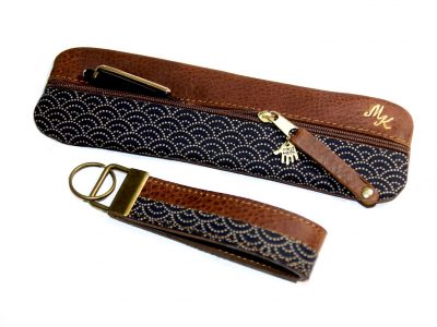 Federmäppchen Leder Stoff Japan Wellen blau 2