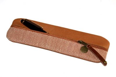 Federmäppchen Leder Stoff Fischgrät orangebraun
