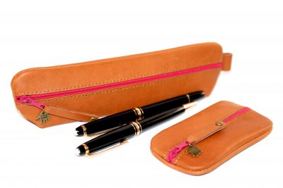 Federmäppchen dreidimensional, Leder Boden, cognac, pink, Pepp 3