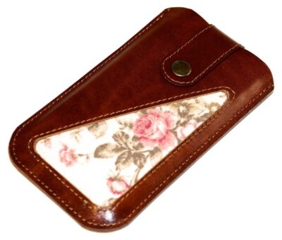 Smartphonetasche Rosen – rotbraunes Leder und Vintage-Leinen Champagner